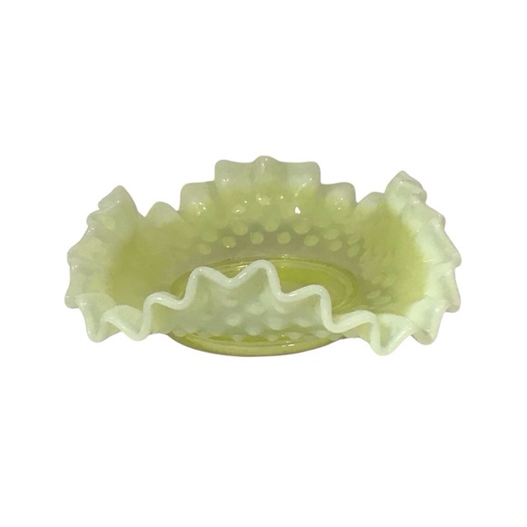 Fenton Yellow Topaz Hobnail Vaseline Uranium Glass Dish Crimped Ruffled Edge - Picture 6 of 8